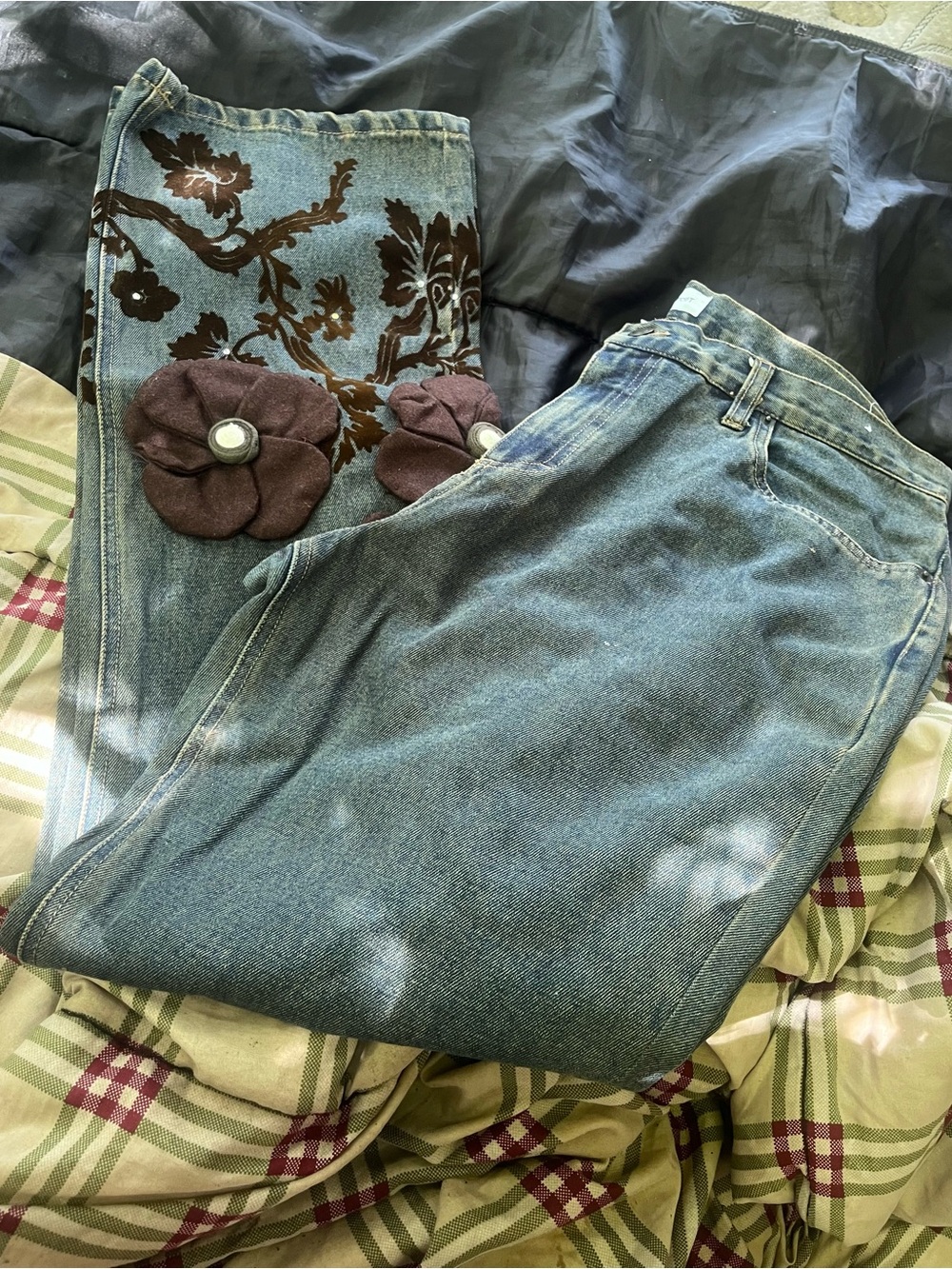 Faded Glory Blue Denim Flare Jeans with Brown Velvet Floral & Fabric Flowers